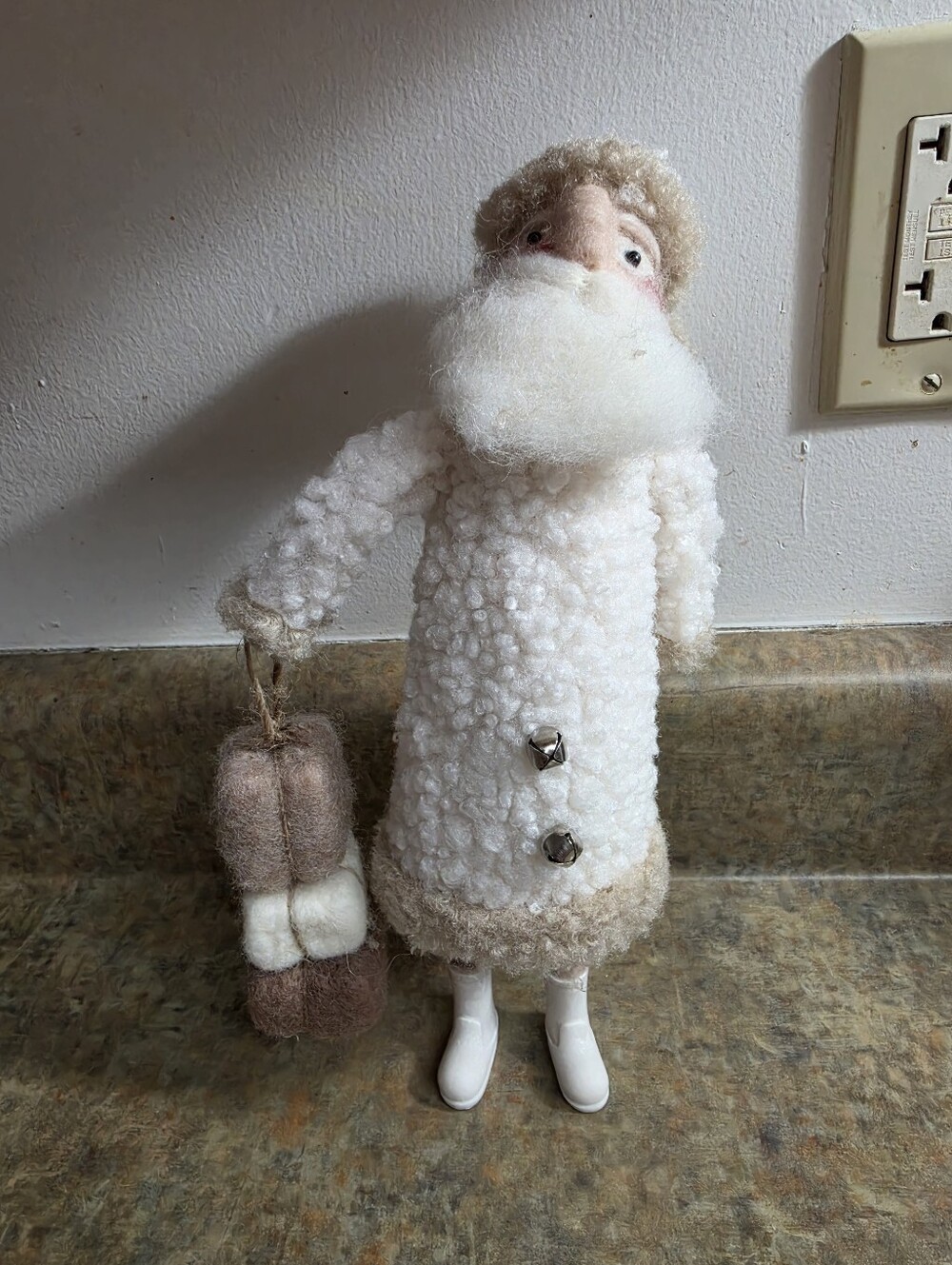 Handcrafted White Wool Santa Figurine with Beige Accents